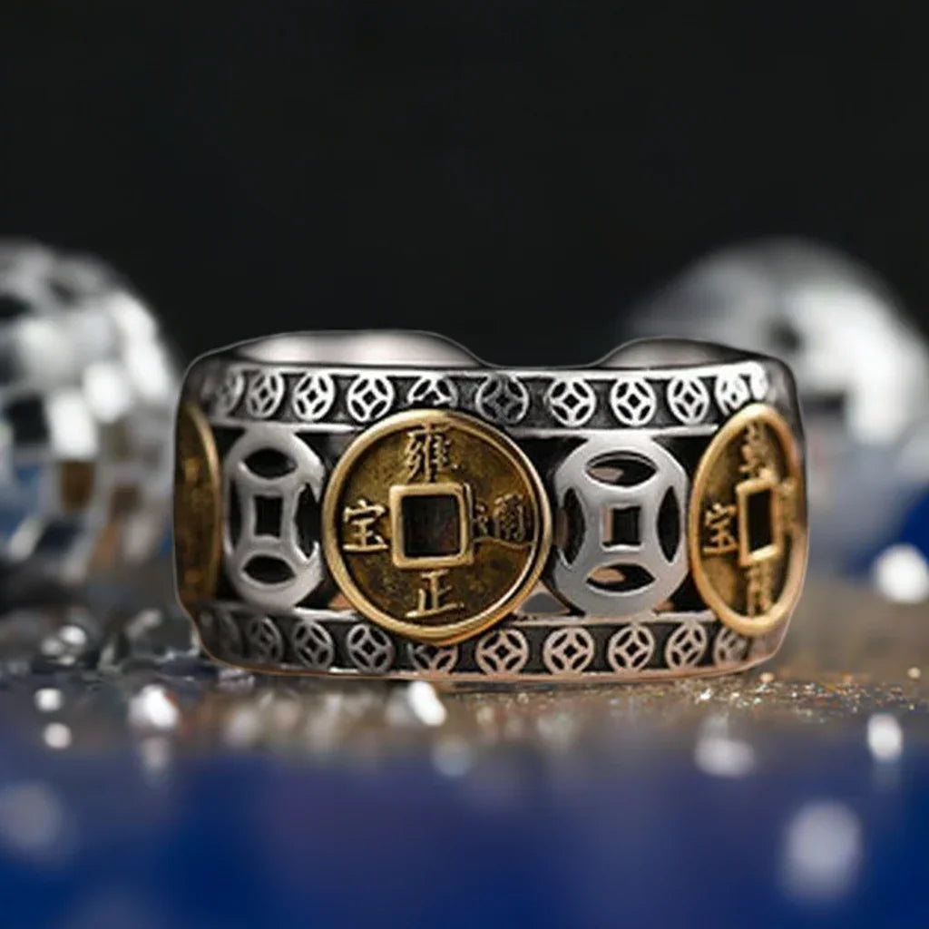 Feng Shui Pixiu Ring Silver Adjustable Wealth Amulet featuring gold coin motifs and intricate silver detailing for men and women.