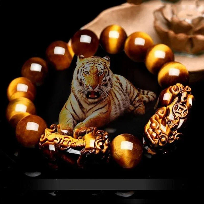 Tiger Eye Beads Feng Shui Bracelet with Pixiu charms and a tiger image, emphasizing strength, protection, and prosperity symbolism.