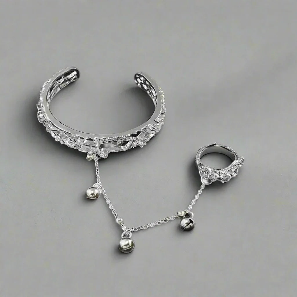 Silver TGCF Hua Cheng & Xie Lian cosplay bracelet with floral detailing and bell charms, designed for costume accessory and cosplay fashion.