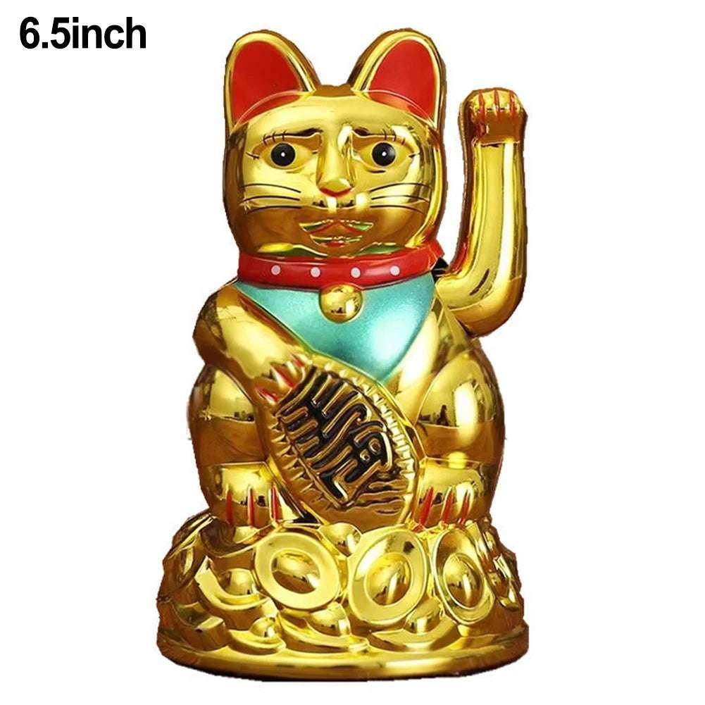 6.5 inch gold Lucky Waving Cat Maneki Neko statue with teal bib and coin base, ideal for Feng Shui fortune and decorative home accents.