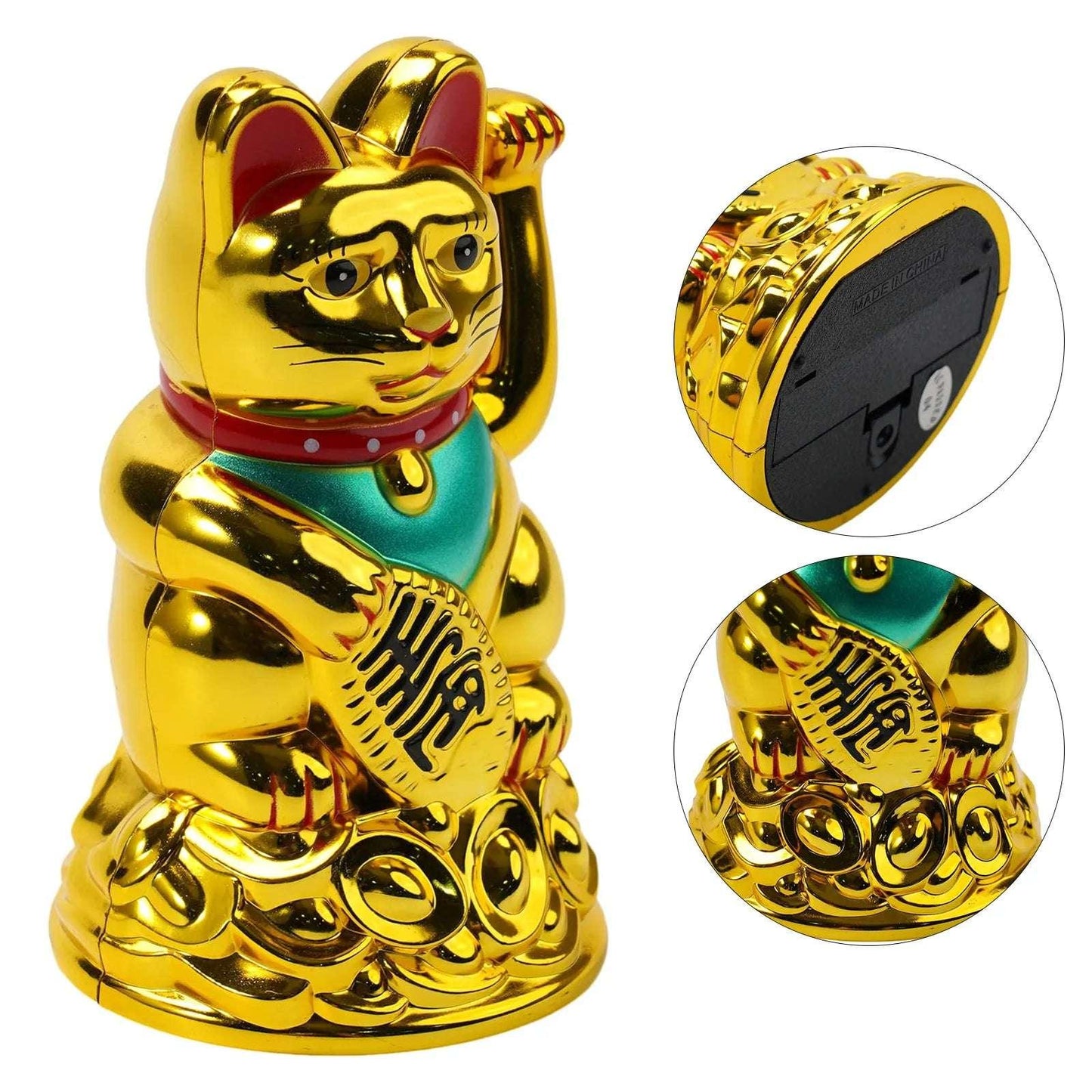 Gold Maneki Neko Lucky Cat statue with close-up of battery compartment and waving arm, ideal for Feng Shui fortune and home decoration.