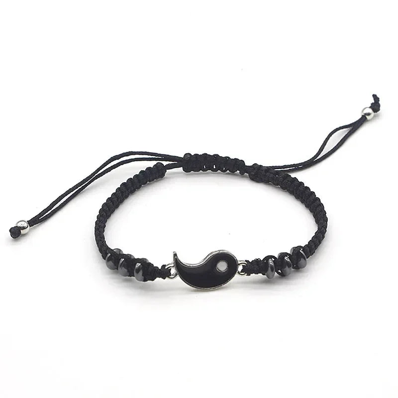 Black woven bracelet with black Tai Chi half charm and glossy beads, adjustable and stylish for couple matching sets.