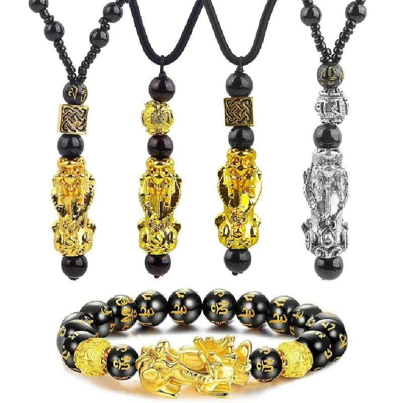 3Pcs/Set Pixiu Bracelet Ring Necklace Feng Shui Buddhist Obsidian Bead Bead Bracelet Men's Women Wealth Good Luck Accessories