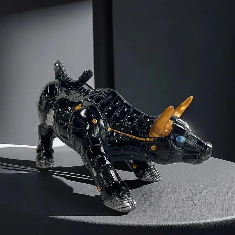 Futuristic black and gold Feng Shui bull figurine with mechanical details, ideal for unique home or office fortune decor.