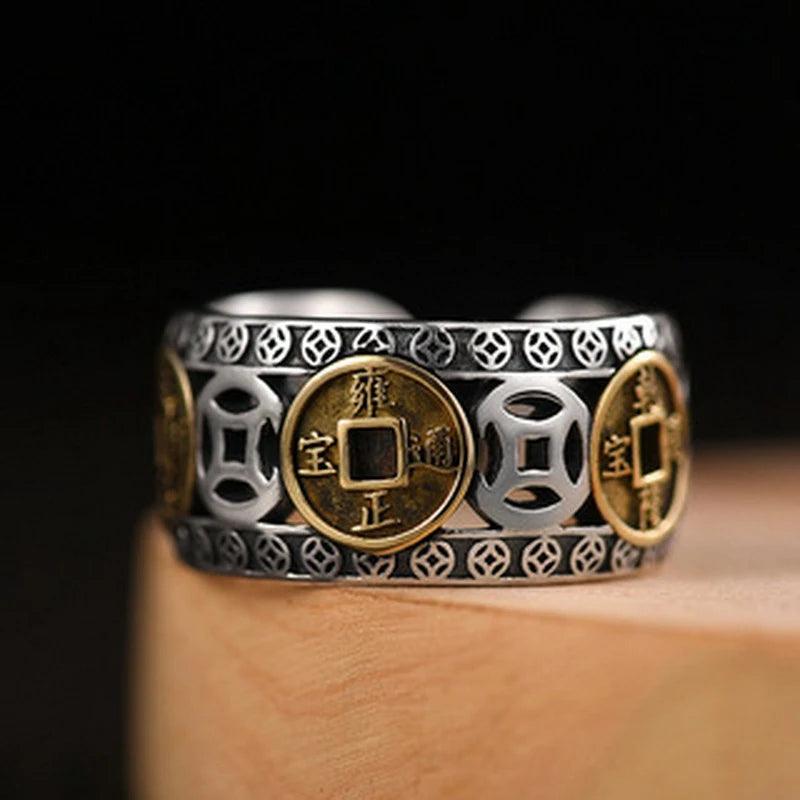 Feng Shui Pixiu Ring Silver Adjustable Wealth Amulet designed with gold Chinese coins and silver lattice pattern for men and women.