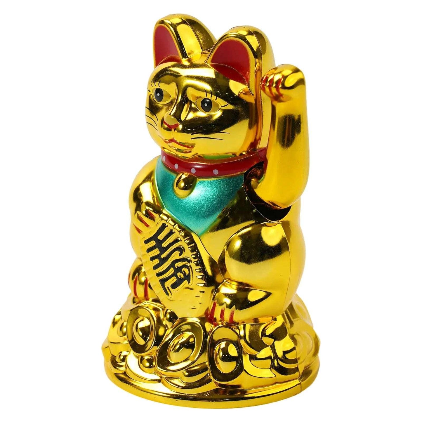 Shiny gold Maneki Neko Lucky Waving Cat with teal bib and coin base, 6.5 inch Feng Shui fortune ornament for home and garden decor.