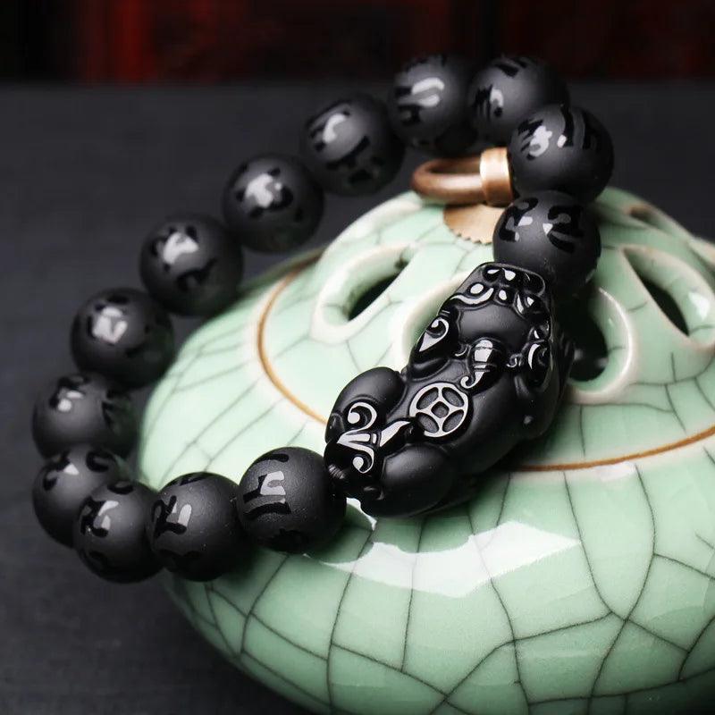 Natural Obsidian Fengshui Pixiu Beaded Bracelet Men Women Black Jades Brave Troops Six-word Mantra Bead Bangle Lucky Amulet Gift