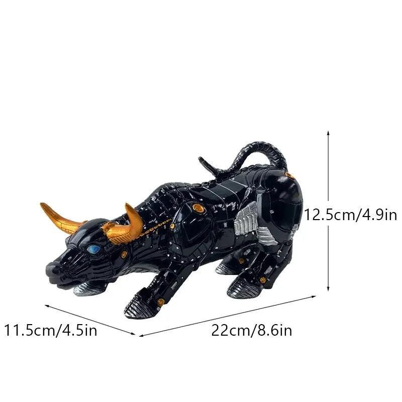 Black robotic Feng Shui bull statue measuring 22cm long, a modern desktop decor piece for wealth and prosperity symbolism.