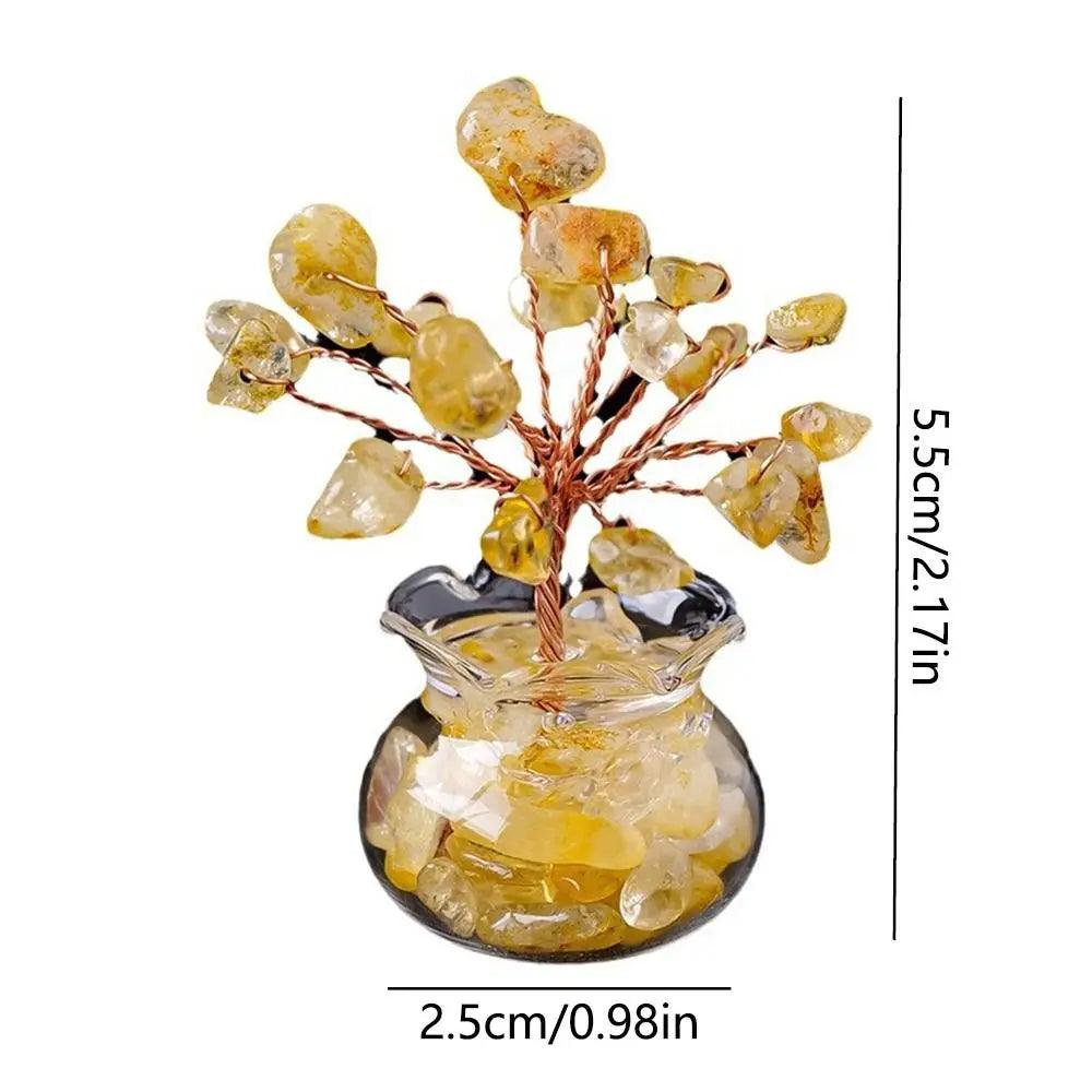 Yellow Handmade Feng Shui Crystal Tree Decor for Healing Energy with size dimensions, featuring gemstone chips in a glass pot for home display.