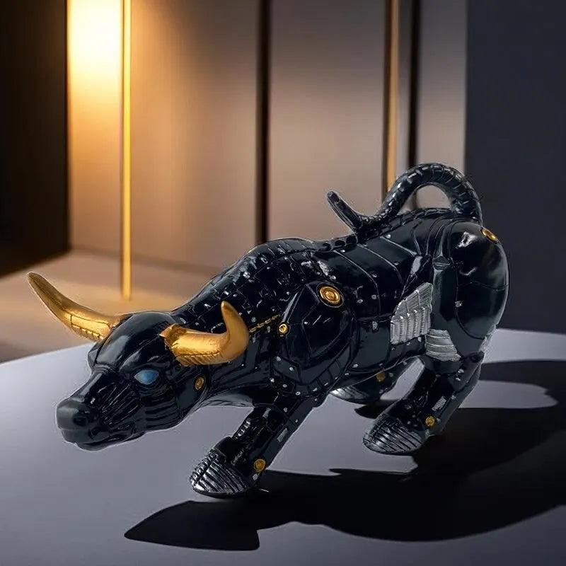 Black robotic-style Feng Shui bull ornament with gold horns, designed for modern office desktop decor and wealth attraction.