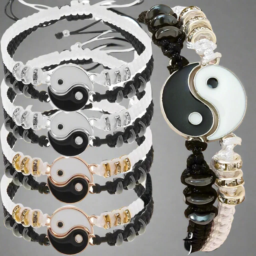 Handmade Yin Yang bracelets for couples featuring Tai Chi symbol in black and white with adjustable woven cords and metallic bead accents.