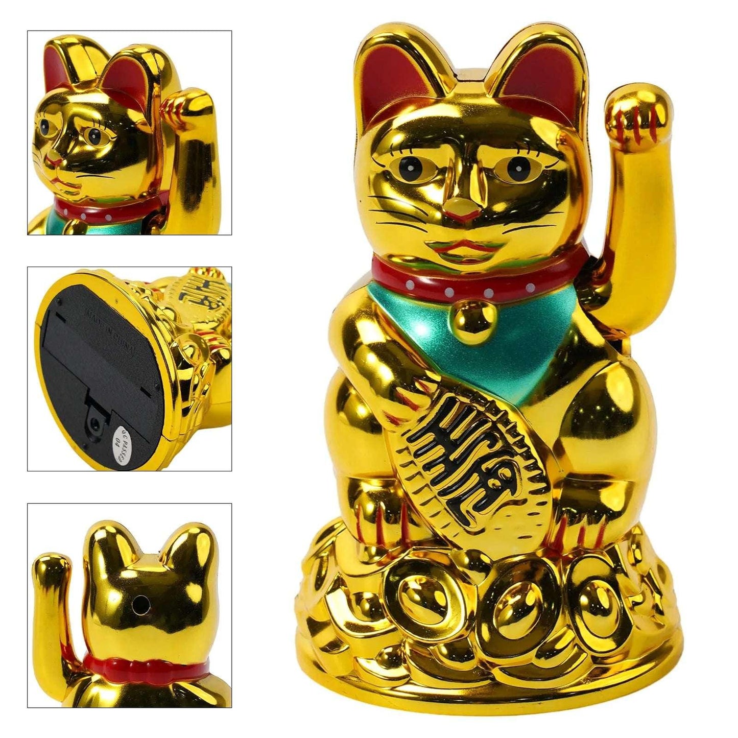 Multiple views of gold Lucky Waving Cat Maneki Neko statue showing front, back, and battery compartment, 6.5 inch Feng Shui home decor piece.