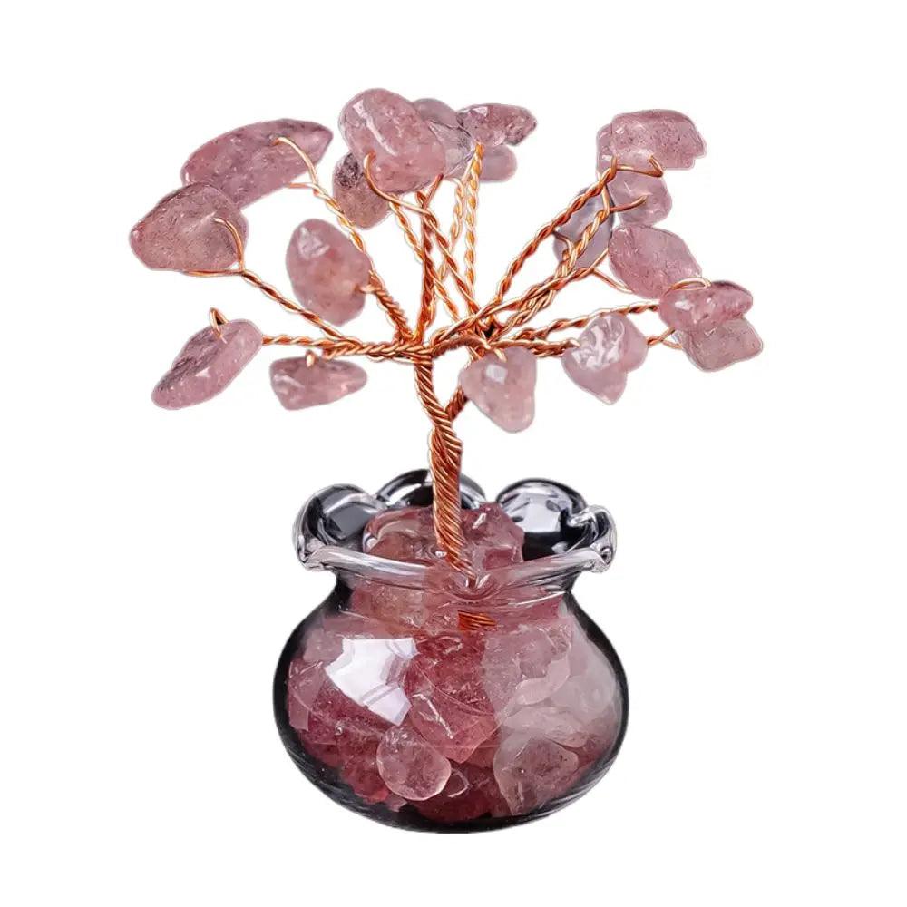 Dark pink Handmade Feng Shui Crystal Tree Decor for Healing Energy featuring polished stones and copper wire branches in a clear glass vase.