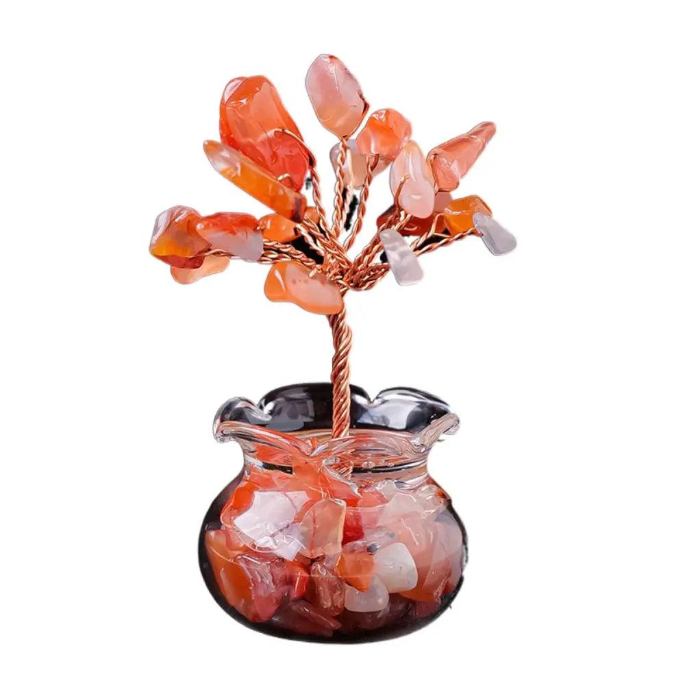 Red-orange Handmade Feng Shui Crystal Tree Decor for Healing Energy with vibrant stones and copper wire branches in a decorative glass base.