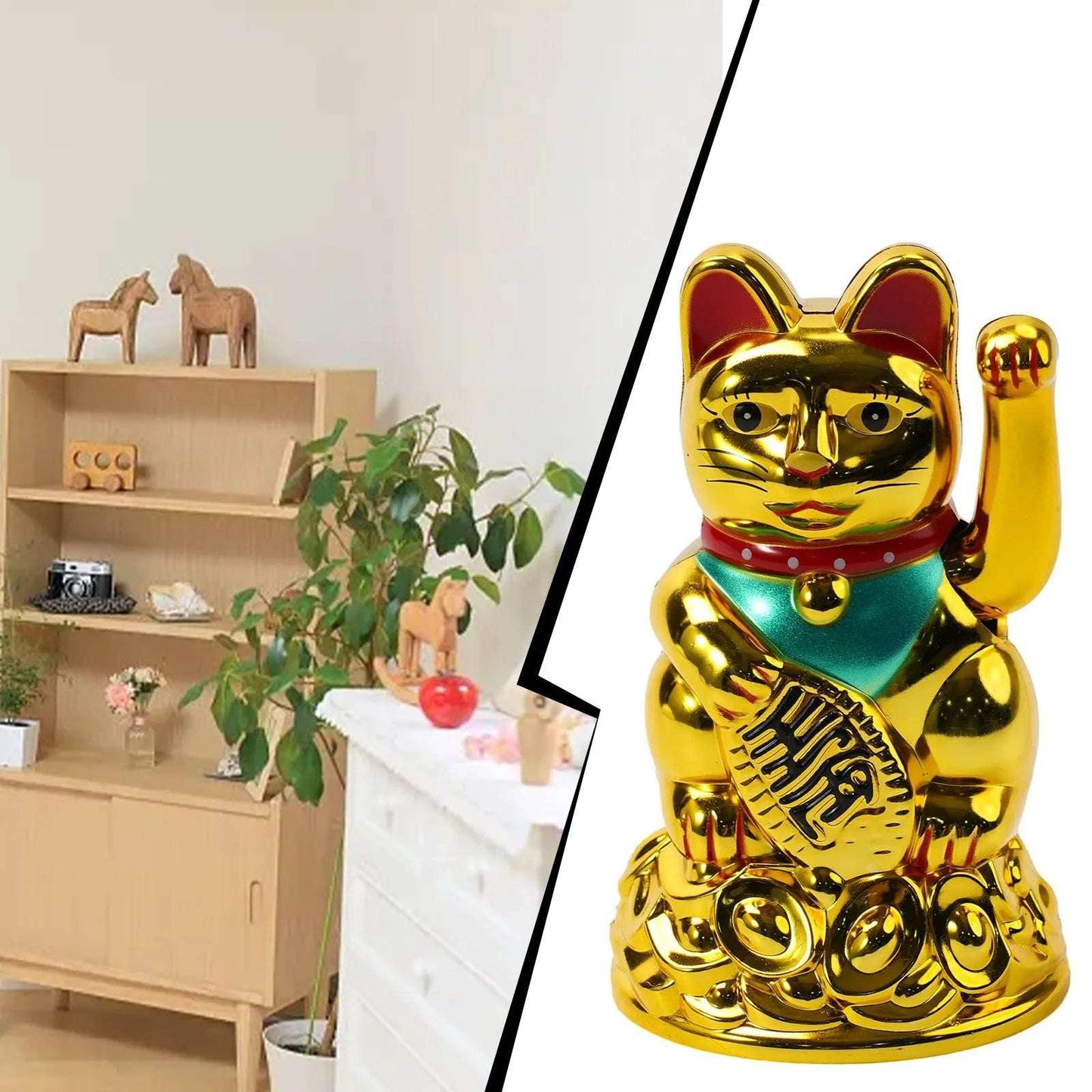 Gold Maneki Neko Lucky Waving Cat statue displayed in a modern home interior, ideal for Feng Shui fortune and stylish home decor.