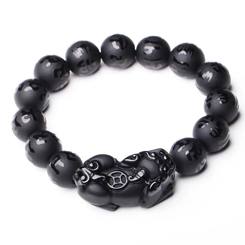 Natural Obsidian Fengshui Pixiu Beaded Bracelet Men Women Black Jades Brave Troops Six-word Mantra Bead Bangle Lucky Amulet Gift