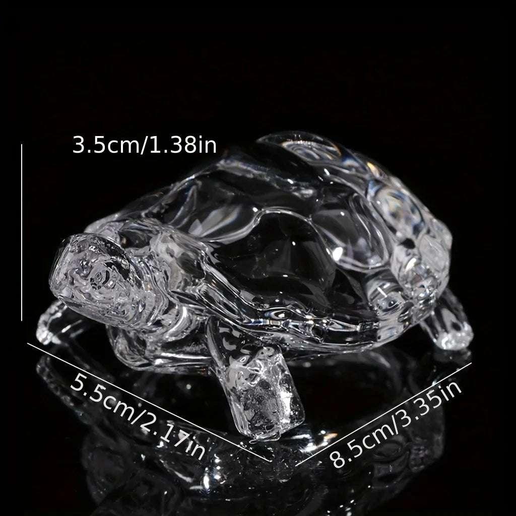 Crystal turtle figurine with size dimensions labeled, feng shui lucky charm for home or office decor.