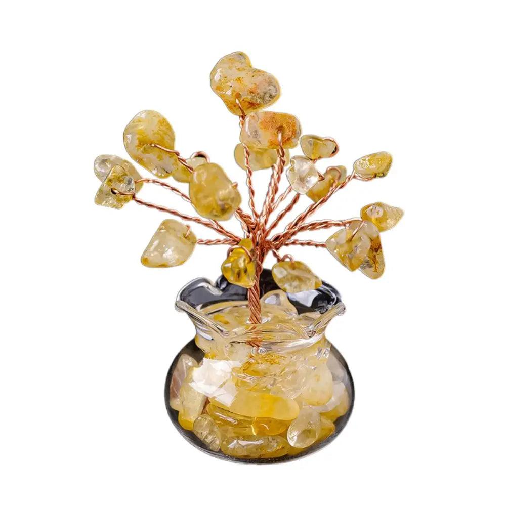 Yellow gemstone Handmade Feng Shui Crystal Tree Decor for Healing Energy with copper wire branches in a clear glass pot for spiritual decor.