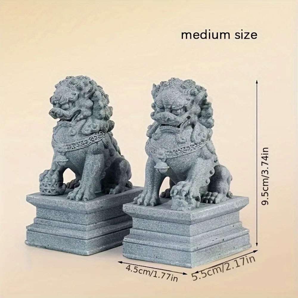 Medium (2Pcs) FU Foo Dogs Pair Guardian Lion Statues Chinese Feng Shui Decorative Figurines Home Living Room Bar Cafe Decor Desk Ornament
