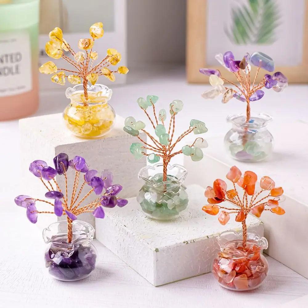 Set of colorful Handmade Feng Shui Crystal Tree Decor for Healing Energy with various gemstones in glass pots, perfect for spiritual home accents.