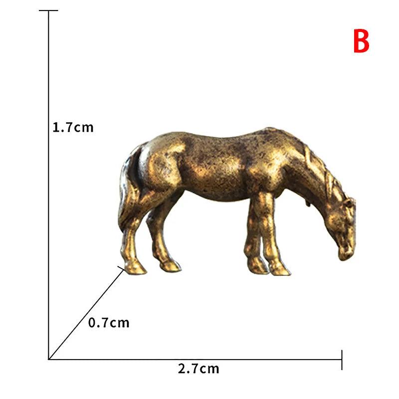 B 1pc Miniature Antique Brass Long Tail Horse Figurines Feng Shui Ornament Copper Zodiac Animal Mini Desktop Crafts Home Decor