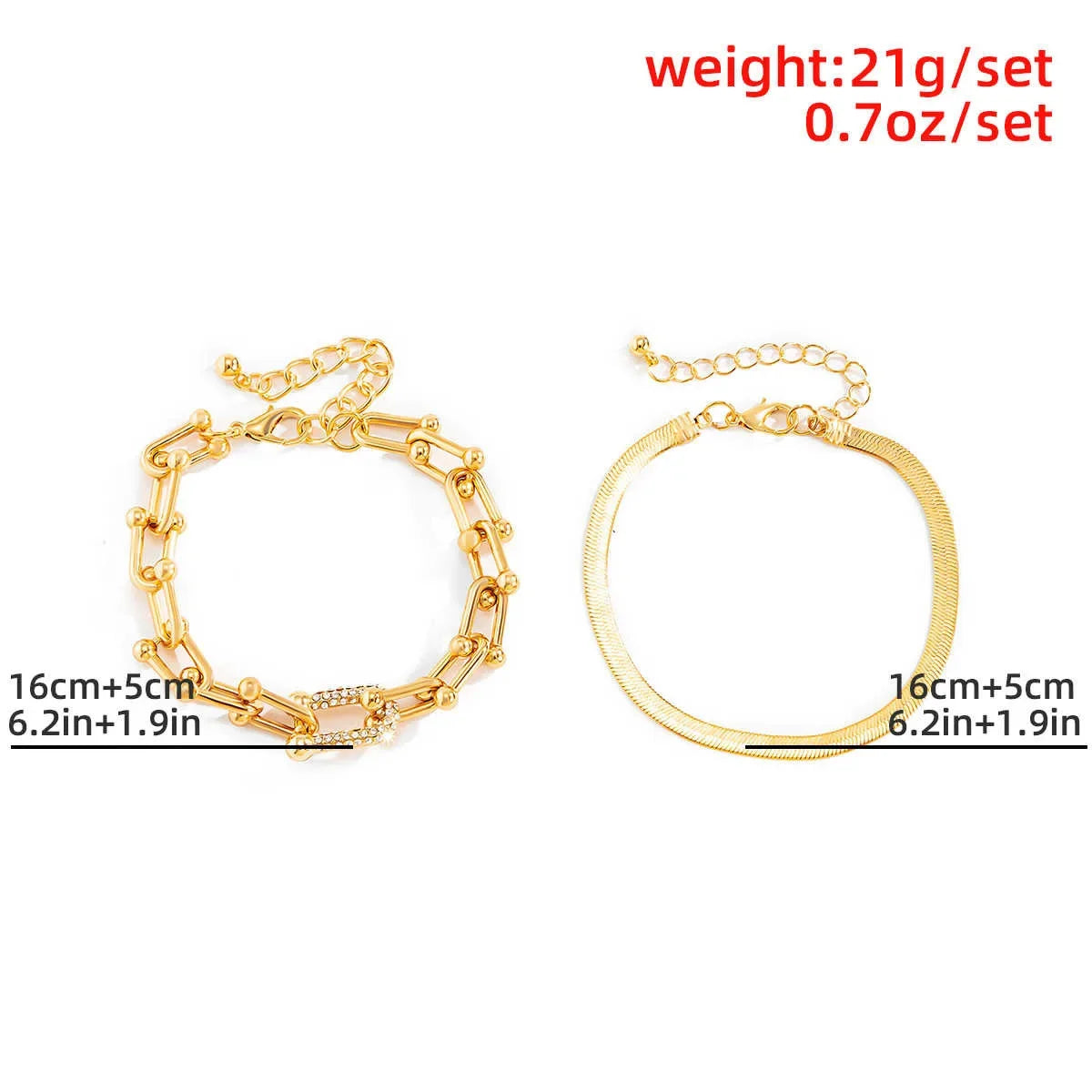 Trendy Geometric Bracelet Set – 2Pcs Gold U Chain with size and weight details, includes adjustable clasps for perfect fit.