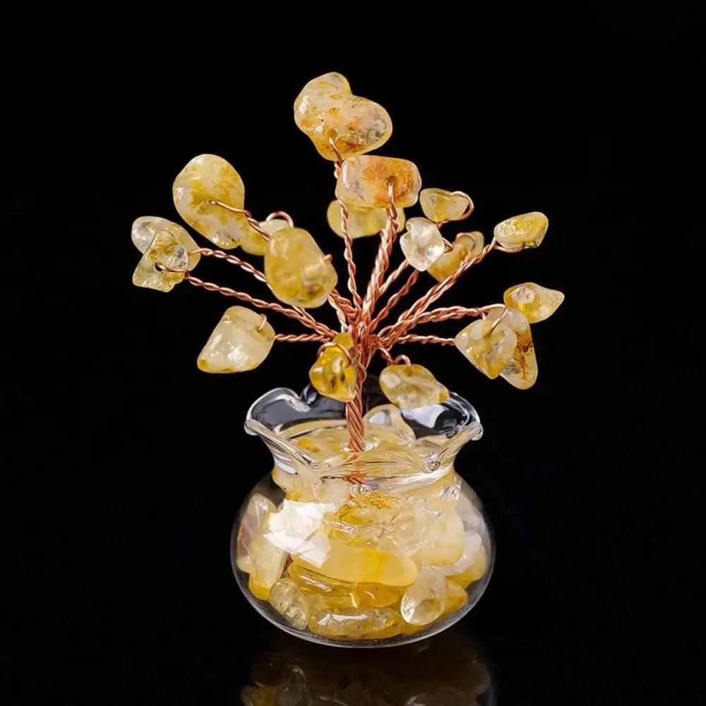 Yellow Handmade Feng Shui Crystal Tree Decor for Healing Energy in a glass pot with twisted copper wire branches, ideal for home decor.