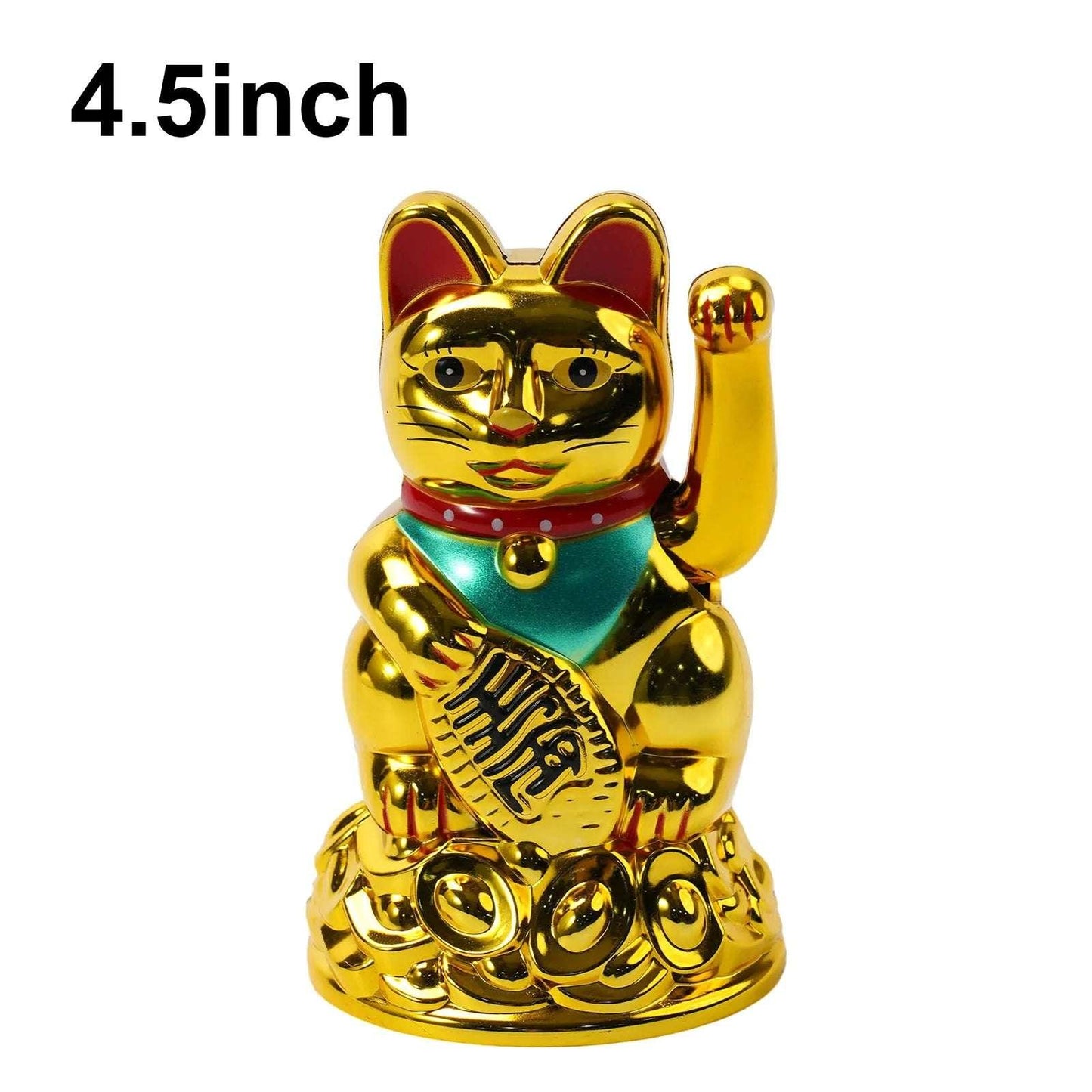 4.5 inch gold Lucky Waving Cat Maneki Neko statue with raised paw and coin base, perfect for Feng Shui fortune and compact home decor.