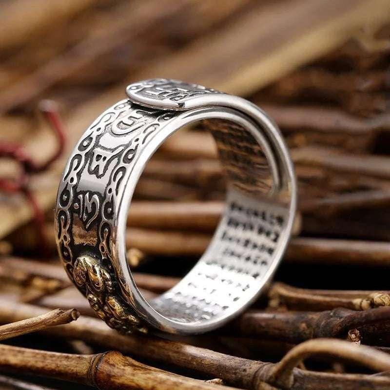 Feng Shui Pixiu Ring Silver Adjustable Wealth Amulet with gold-accented Pixiu and symbolic engravings for men and women.