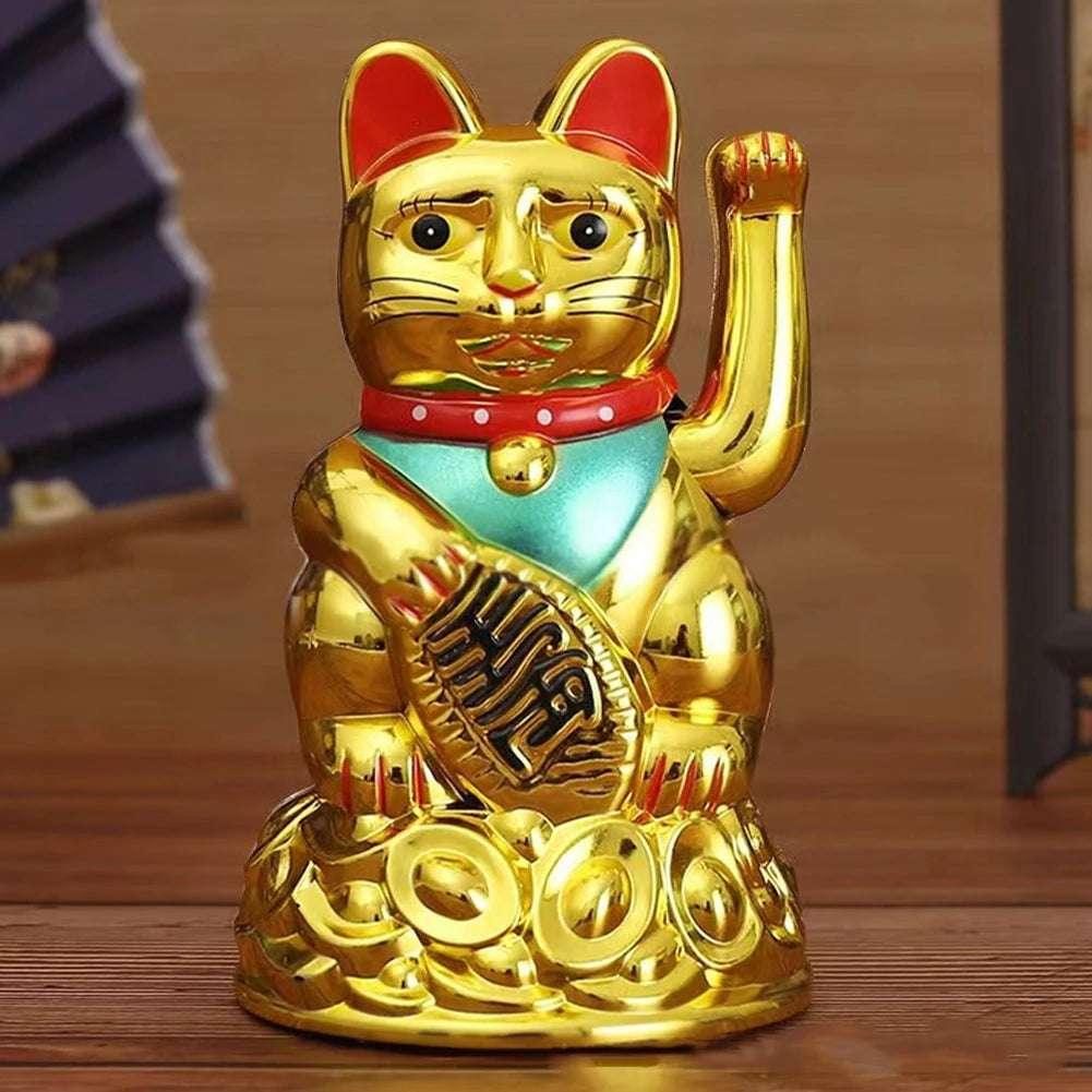 Gold Lucky Waving Cat Maneki Neko statue with raised paw, red ears, and teal bib, ideal for Feng Shui fortune home decor, 6.5 inch ornament.