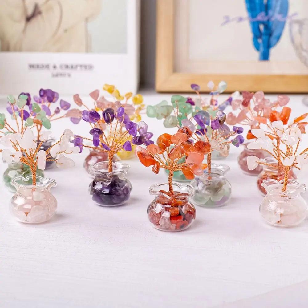Collection of multicolored Handmade Feng Shui Crystal Tree Decor for Healing Energy, ideal for enhancing positive vibes in home or office spaces.