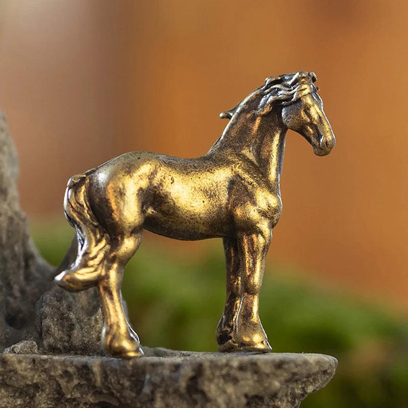1pc Miniature Antique Brass Long Tail Horse Figurines Feng Shui Ornament Copper Zodiac Animal Mini Desktop Crafts Home Decor