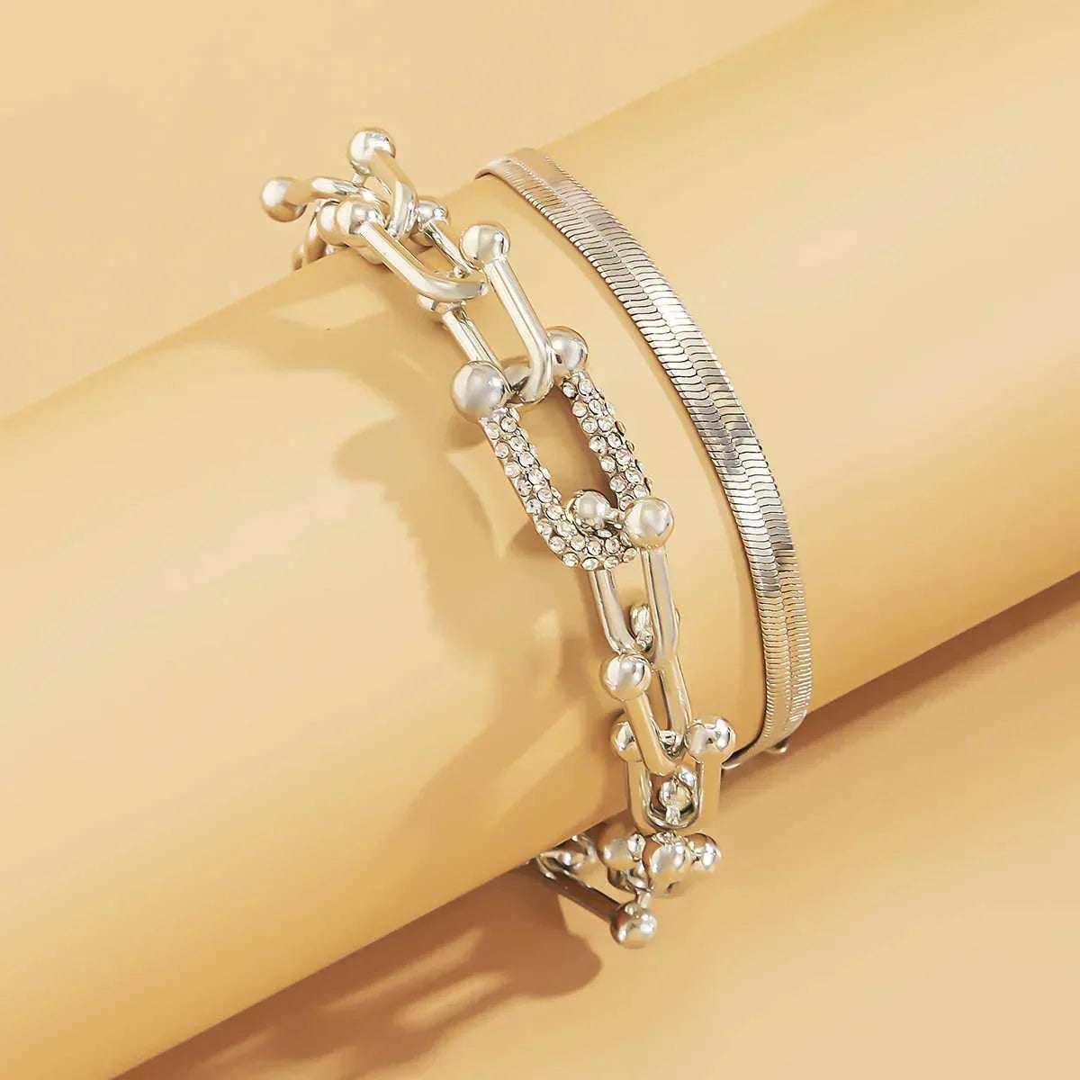 Trendy Geometric Bracelet Set – 2Pcs Gold U Chain for a Chic Layered Style Sliver