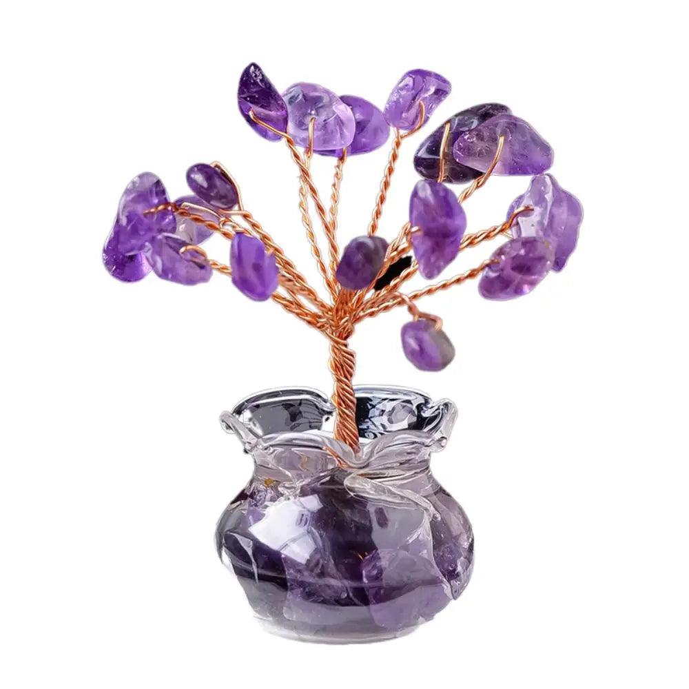 Purple amethyst Handmade Feng Shui Crystal Tree Decor for Healing Energy with twisted copper wire and gemstone chips in a clear glass pot.
