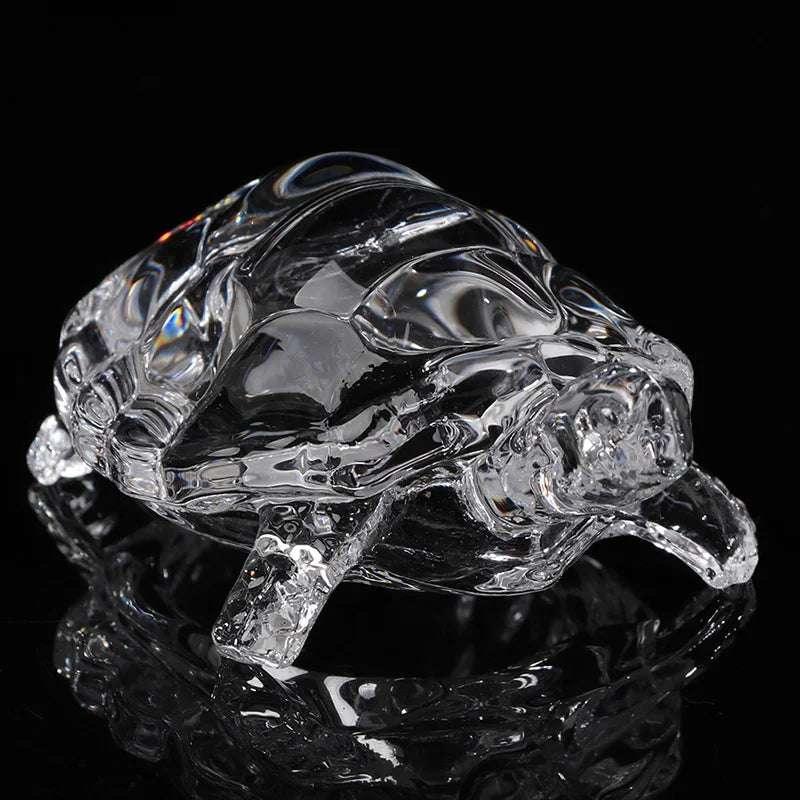 Close-up of feng shui crystal tortoise figurine with intricate detailing, ideal for home and garden decor.