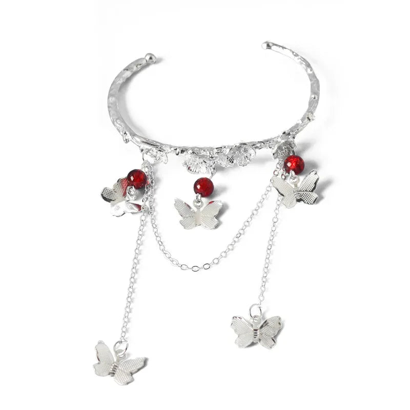 TGCF cosplay bracelet inspired by Hua Cheng & Xie Lian, featuring butterfly charms, red beads, and silver chains for costume accessory collections.