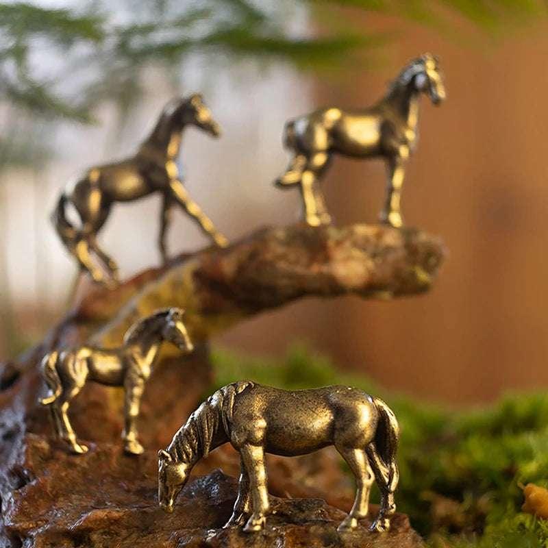 1pc Miniature Antique Brass Long Tail Horse Figurines Feng Shui Ornament Copper Zodiac Animal Mini Desktop Crafts Home Decor