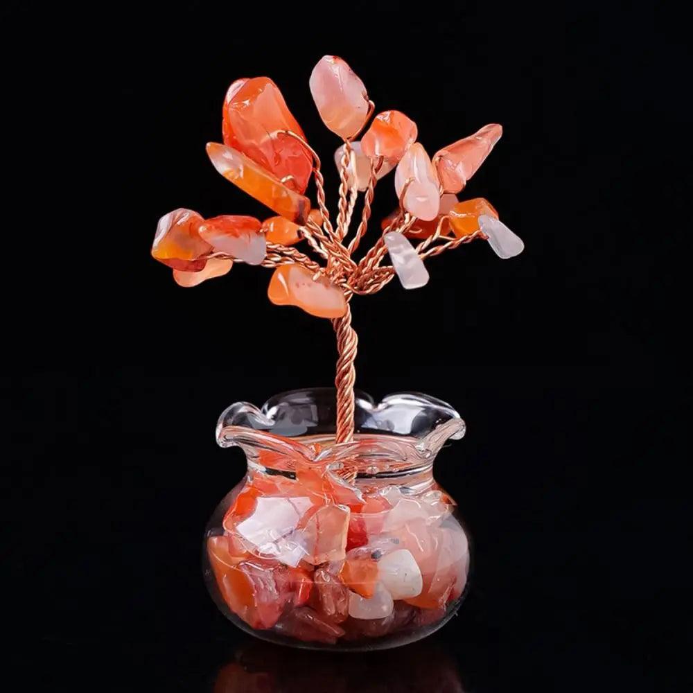 Orange Handmade Feng Shui Crystal Tree Decor for Healing Energy featuring polished stones and copper wire branches in a clear glass base.