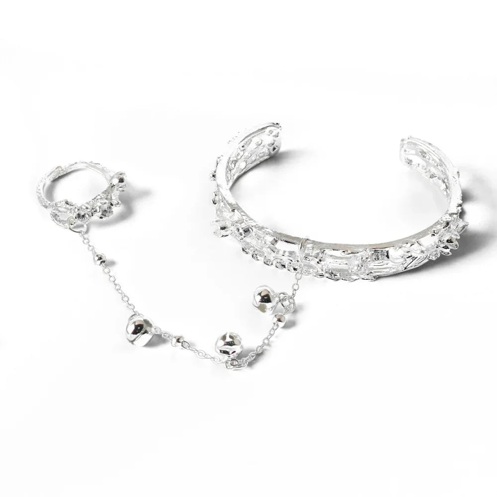 TGCF Hua Cheng & Xie Lian cosplay bracelet with silver bangle and finger ring linked by chain and bells, displayed on white background for costume use.