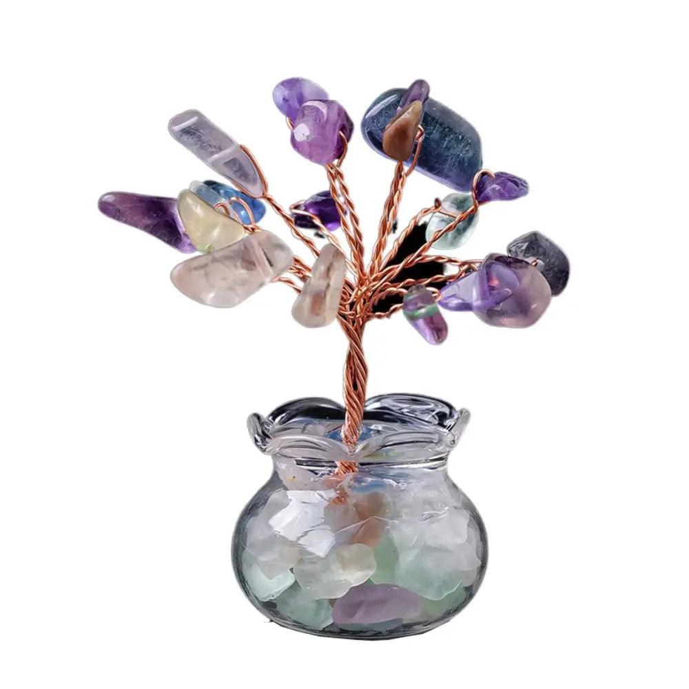 Multicolor gemstone Handmade Feng Shui Crystal Tree Decor for Healing Energy with mixed crystals and copper wire in a glass pot for home decor.
