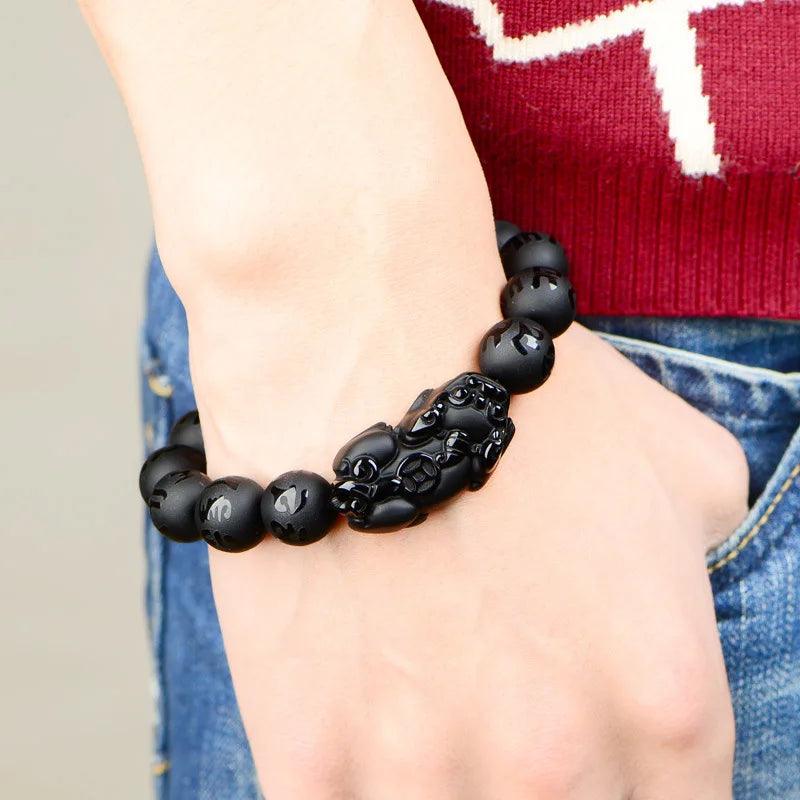 Natural Obsidian Fengshui Pixiu Beaded Bracelet Men Women Black Jades Brave Troops Six-word Mantra Bead Bangle Lucky Amulet Gift