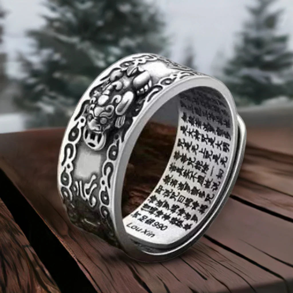 Feng Shui Pixiu Ring Silver Adjustable Wealth Amulet showcasing detailed Pixiu carving and spiritual inscriptions for men and women.