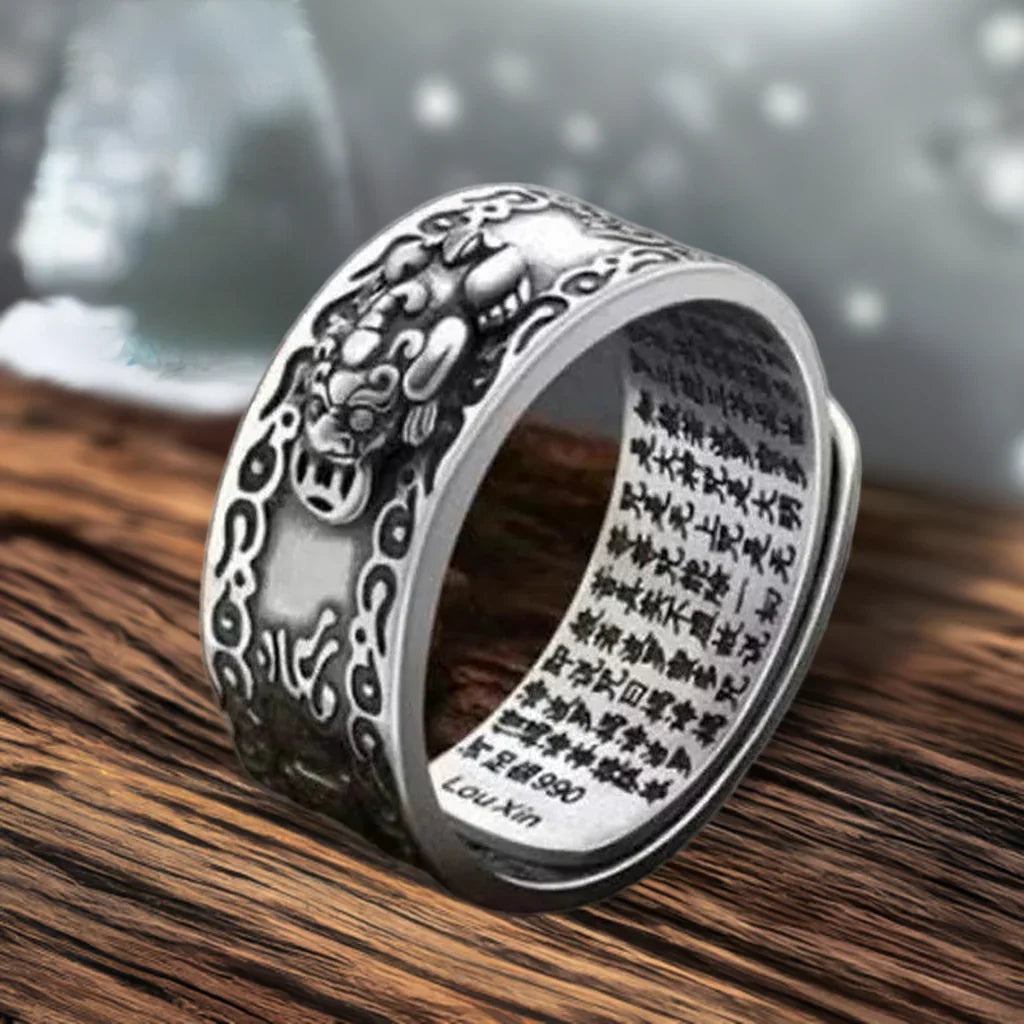 Feng Shui Pixiu Ring Silver Adjustable Wealth Amulet with raised Pixiu design and inner engraved script for men and women.