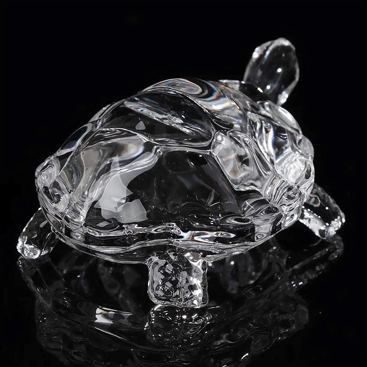 Clear crystal turtle figurine with detailed shell design, perfect feng shui decor for home and garden settings.
