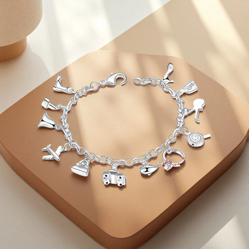 Pretty Bracelets 925 Sterling Silver AAA Zircon Crystal Bracelets 12 Pendants Charms Bangles For Woman New Fine Jewelry