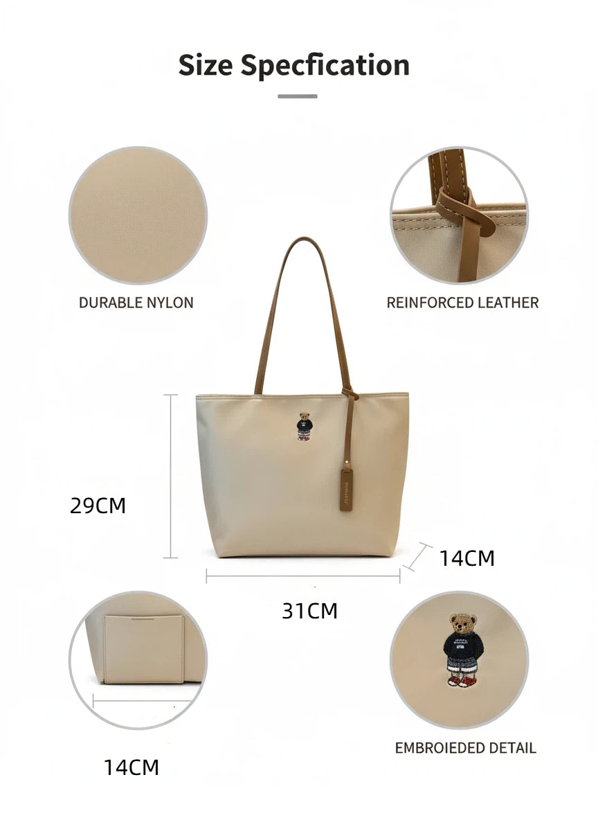 Tote bag, ladies' 2025 new handbag, embroidered small bear nylon bag, large capacity class commuting shoulder bag