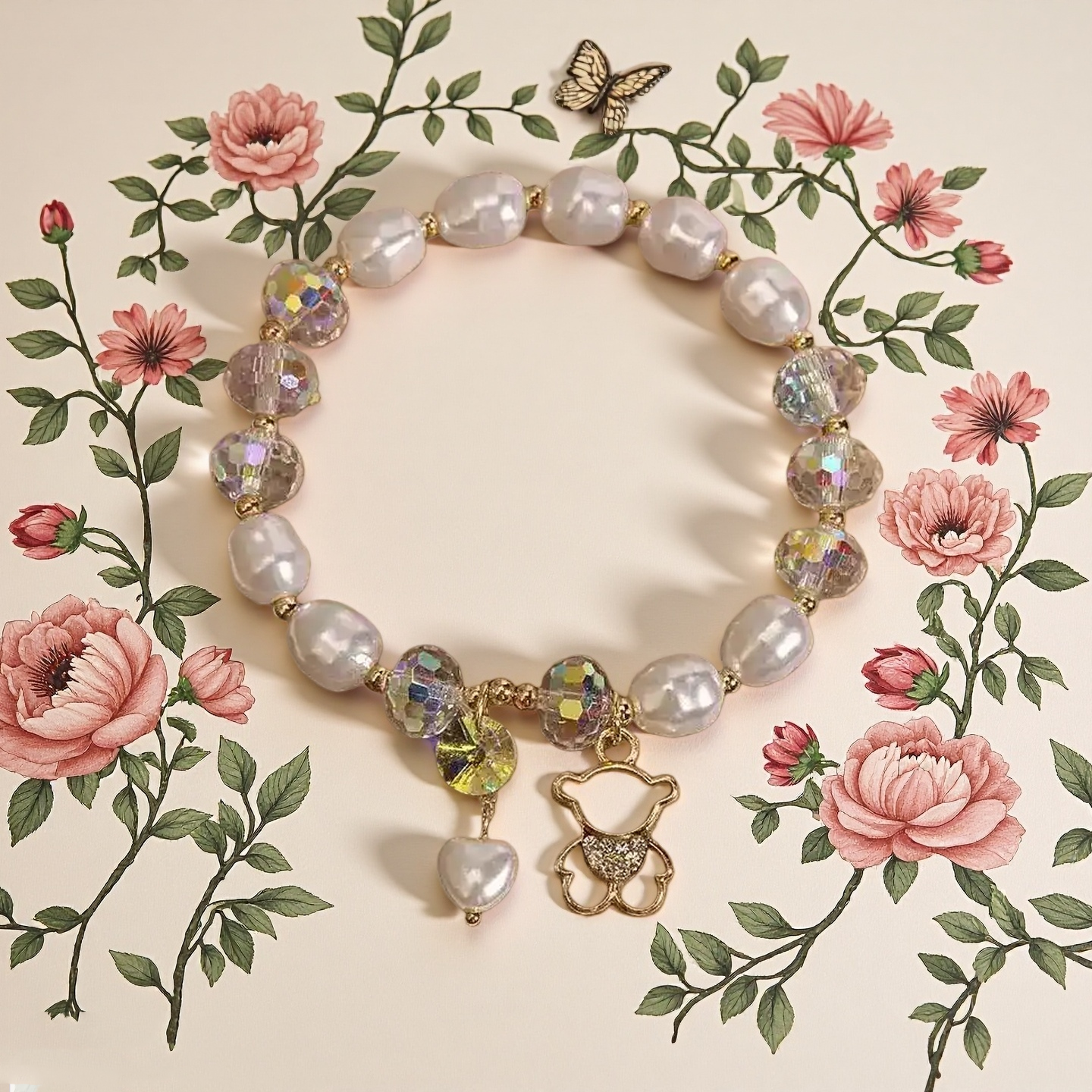 Little Fresh Pearl Crystal Bracelet Women's Simple Smiling Face Pendant Student Friend Elastic Adjustable Bangle Party Jewelry