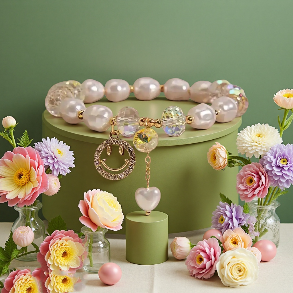 Little Fresh Pearl Crystal Bracelet Women's Simple Smiling Face Pendant Student Friend Elastic Adjustable Bangle Party Jewelry