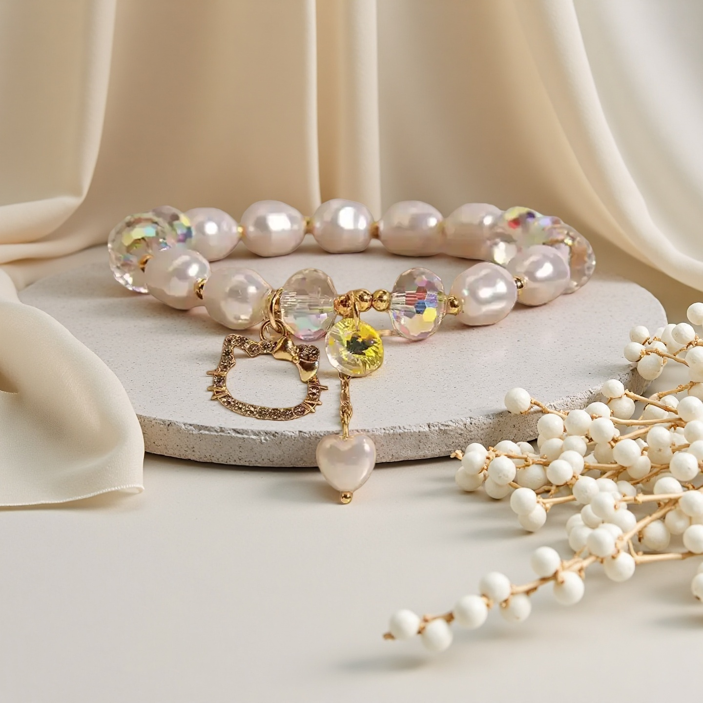 Little Fresh Pearl Crystal Bracelet Women's Simple Smiling Face Pendant Student Friend Elastic Adjustable Bangle Party Jewelry