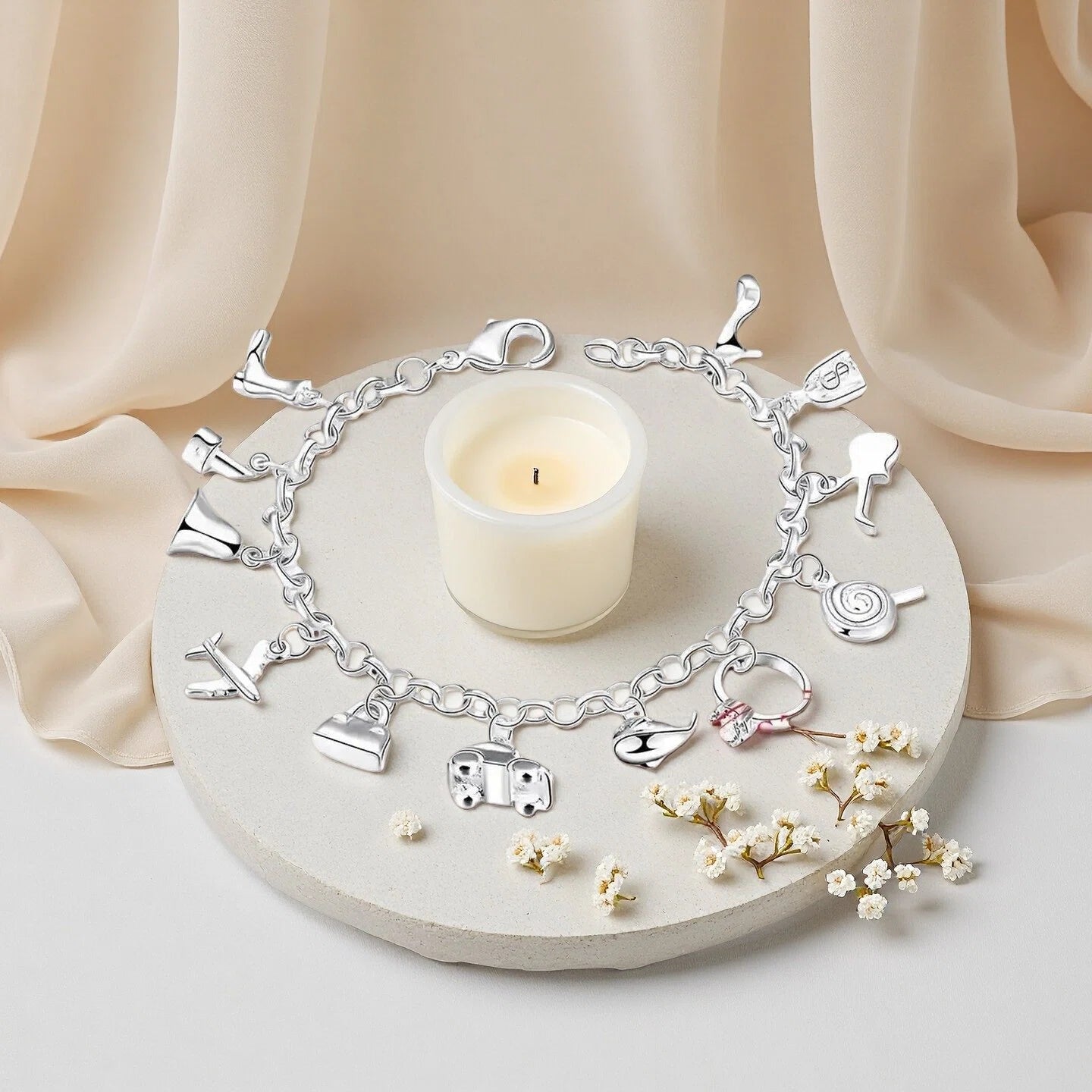 Pretty Bracelets 925 Sterling Silver AAA Zircon Crystal Bracelets 12 Pendants Charms Bangles For Woman New Fine Jewelry